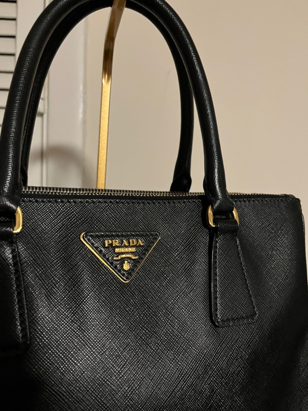Prada Black Saffiano Leather Structured Satchel with Gold Hardware - Picture 6 of 11